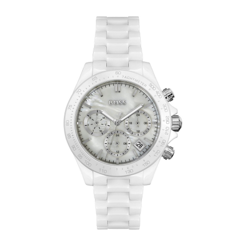Boss Damen Armbanduhr 1502630 Multifunktion Perlmuttzifferblatt, Keramik weiß