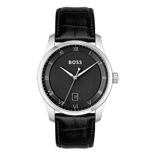 Boss Herren Armbanduhr schwarz 1514122, Lederband, 41mm, römische Zahlen