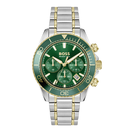 Boss Herren Armbanduhr 1514325 Chronograph Edelstahl bicolor, Grün, 44mm