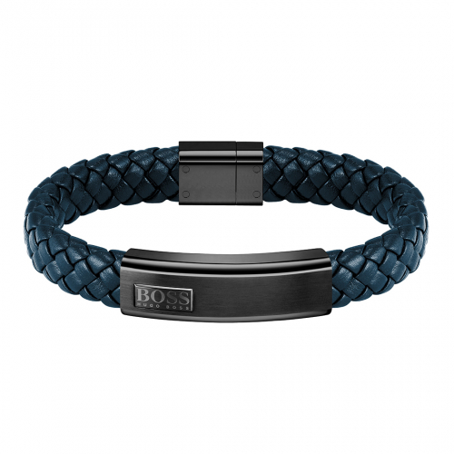 HUGO BOSS Herren Armband 1580179M Leder-Edelstahl Blau-Schwarz