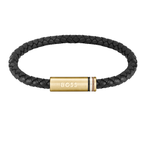 BOSS Herren Armband 1580624 Leder-Edelstahl schwarz 21cm