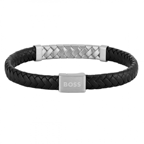 BOSS Herren Armband 1580674M schwarzes Lederband Edelstahl 20cm