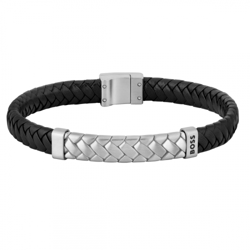 BOSS Herren Armband 1580674M schwarzes Lederband Edelstahl 20cm