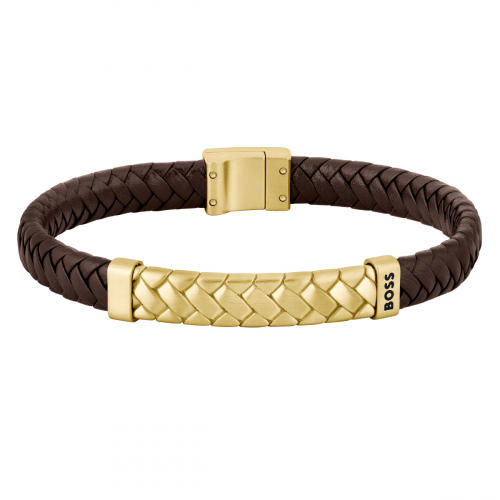 BOSS Herren Armband 1580675M braunes Lederband Edelstahl Goldfarben 20cm