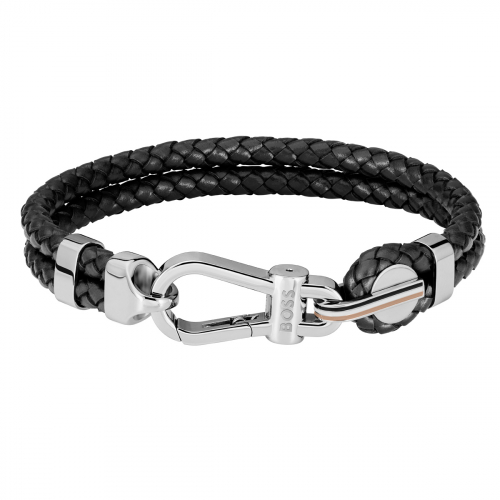 BOSS Herren Armband 1580699M schwarzes Lederband Edelstahl 21cm