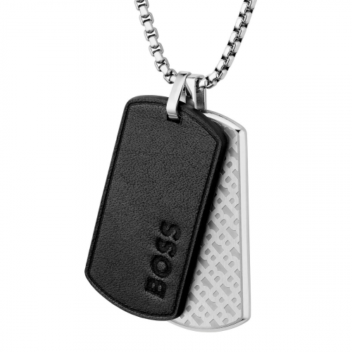 BOSS 1580760 Herren Kette mit Edelstahl-Leder Anhänger 61cm