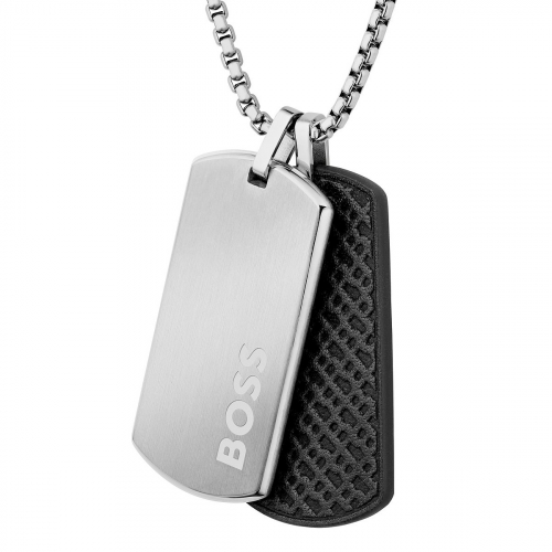 Preview: BOSS 1580760 Herren Kette mit Edelstahl-Leder Anhänger 61cm