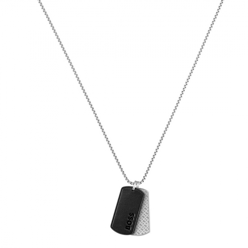BOSS 1580760 Herren Kette mit Edelstahl-Leder Anhänger 61cm