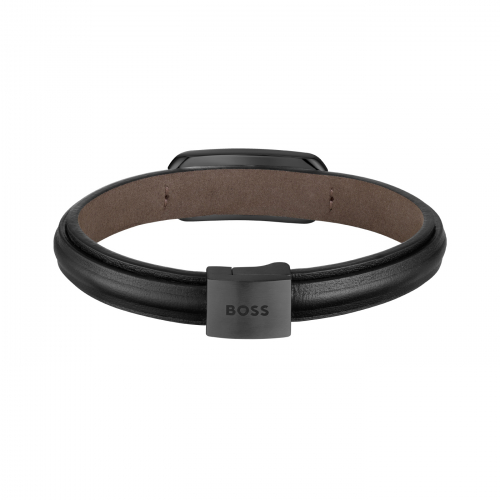 BOSS Herren Armband 1580784M schwarzes Lederband Edelstahl 21cm