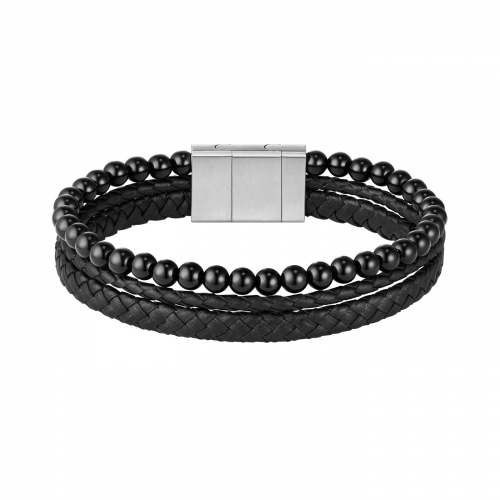 BOSS Herren Armband 1580786 schwarzes Lederband Edelstahl 20cm