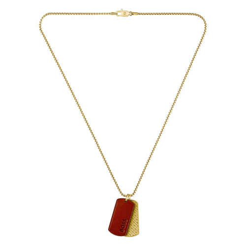 BOSS 1580835 Herren Kette mit Edelstahl-Leder braun-goldfarben Anhänger 61cm