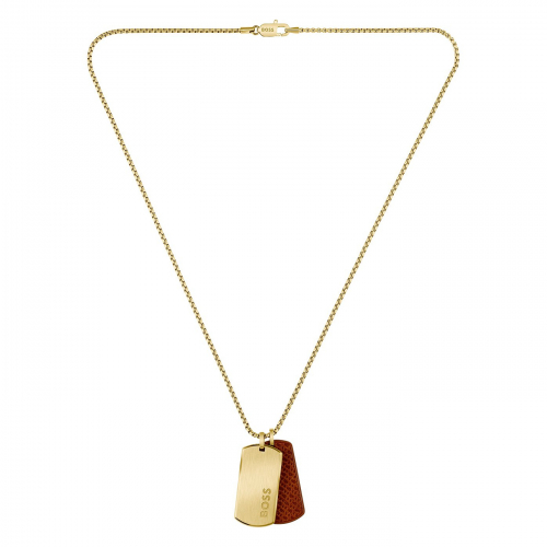 Preview: BOSS 1580835 Herren Kette mit Edelstahl-Leder braun-goldfarben Anhänger 61cm