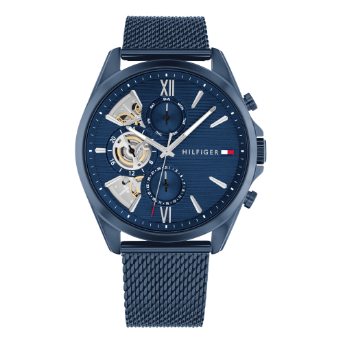 Tommy Hilfiger Herren Armbanduhr 1710648 Multifunktion Day-Date Milanaise blau