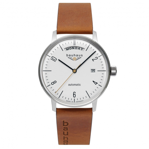 bauhaus 2070-1 Herren Armbanduhr, Automatik, Lederband, Day-Date, Glasboden