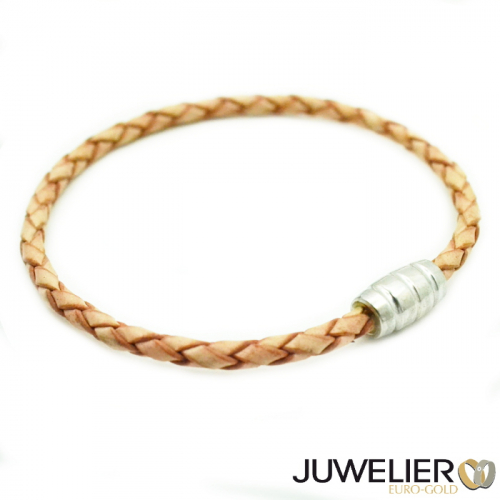 Armband aus beiges Echt Leder mit Magnetverschluss aus 925 Silber, Länge 19cm