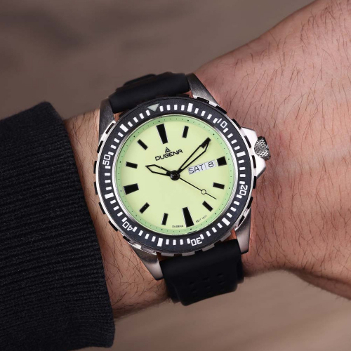 DUGENA 4460679 Herren Taucheruhr Divers Friend Neongrün 4460679 20 ATM Day-Date