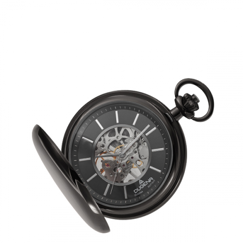 Dugena 4460978 Savonette Taschenuhr Handaufzug Glasboden skelettiert mit Kette