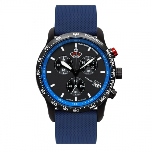 Ruhla 4990-3 Herrenuhr Quarz Flyback-Chronograph mit Silikonarmband Blau