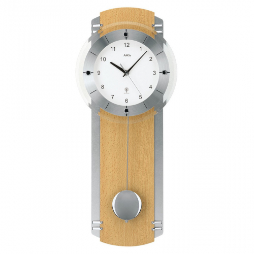 AMS Funkuhr mit Pendelwerk, Wanduhr 5245-18 Buche