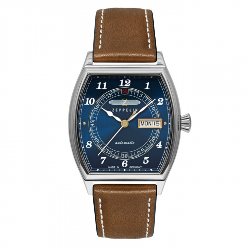 Zeppelin 8360-3 Herrenuhr Automatik mit Day-Date, Lederband, Glasboden, Tonneau-Form