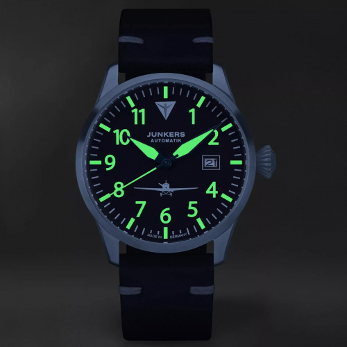 Junkers Piloten Automatik Herren Armbanduhr 9.58.01.06 Flieger 42mm Leder, Saphirglas
