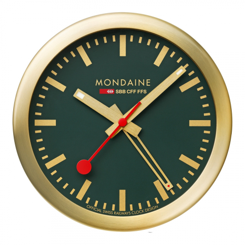 Mondaine Tischuhr Wanduhr Wecker A997.MCAL.66SBG grün Goldfarben Ø 12.5cm