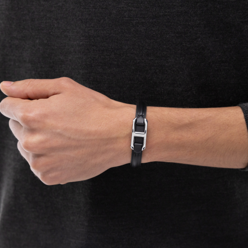 Preview: BOSS Herren Armband 1580783M schwarzes Lederband Edelstahl 21cm