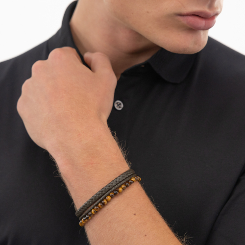 BOSS Herren Armband 1580787 schwarzes Lederband Edelstahl Goldfarben 20cm