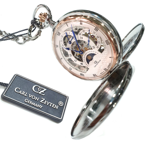 Carl von Zeyten Alb CVZ0040RSL Taschenuhr Handaufzug Skelett, Dual Time, Tag-Nacht