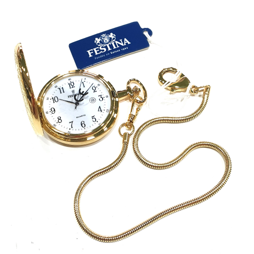 FESTINA F2028-1 Savonette Taschenuhr mit Kette, Datum, goldfarben