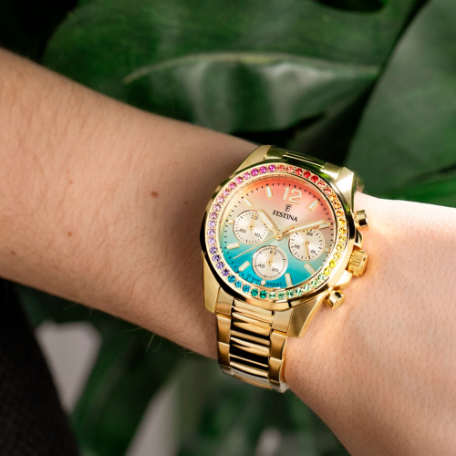 FESTINA Damen Uhr Chrono F20609-5 Edelstahl goldfarben Rainbow