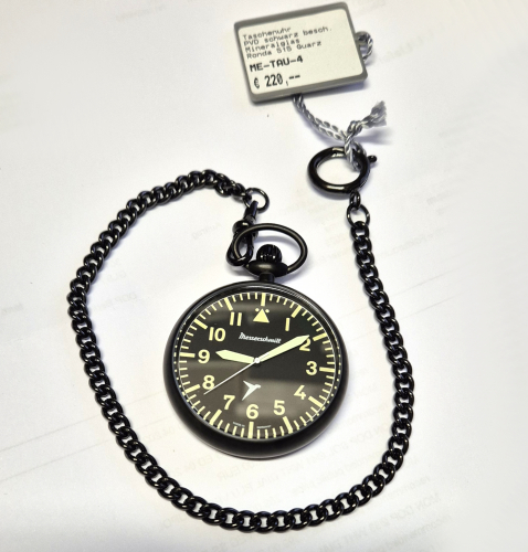 Messerschmitt ME-TAU-4 Taschenuhr mit Kette, Ronda-Werk, PVD schwarz, 47mm