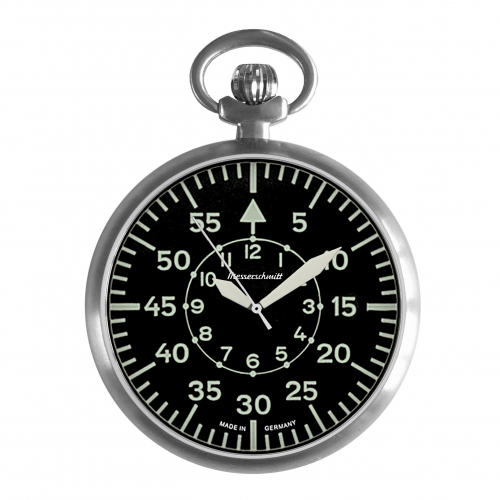 Messerschmitt ME-TAU-6 Taschenuhr mit Kette, Ronda-Werk, Leuchtziffern- und Zeiger