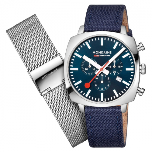 Mondaine Herren Armbanduhr Squar Chrono Blau MSL.41440.LD.SET Saphirglas, Wechselband