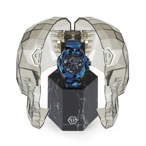 Philipp Plein Herren Armbanduhr PWAAA1021 The Skull Goldfaben Blau Camouflage
