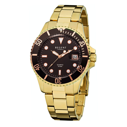 Regent Herren Armbanduhr F-370 Taucheruhr Edelstahl Goldfarben 30 ATM