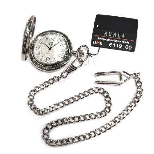 UMR RUHLA TU 8835 Taschenuhr mit Sprungdeckel, Ronda-Werk, Datum, mit Kette