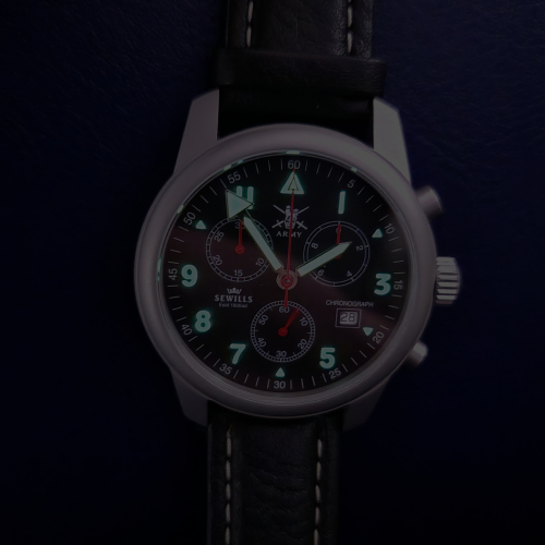 Preview: SEWILLS Armbanduhr Chrono Army-Watch ETA-Werk 251.272 Edelstahl, XL-Lederband