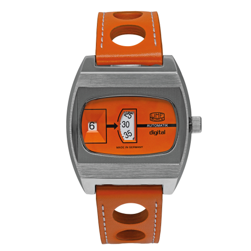 UMF Ruhla 1434-4 Armbanduhr Scheibenuhr Automatik, Saphirglas, 41mm, orange