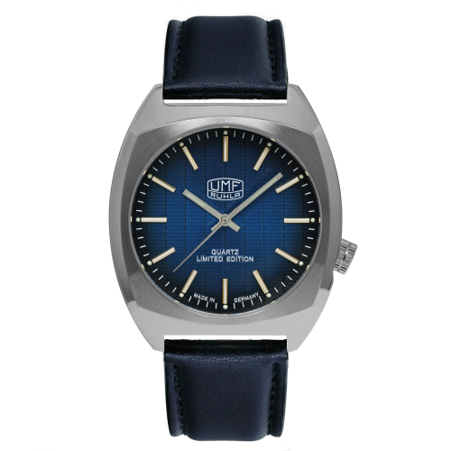 UMF Ruhla 1466-3, Kaliber 13 Quarz, Saphirglas, Armbanduhr, Blau, Lederband, 42mm