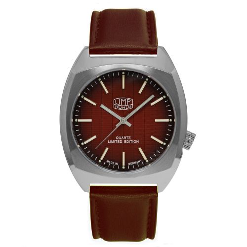 UMF Ruhla 1466-5, Kaliber 13 Quarz, Saphirglas, Armbanduhr, Rot, Lederband, 42mm