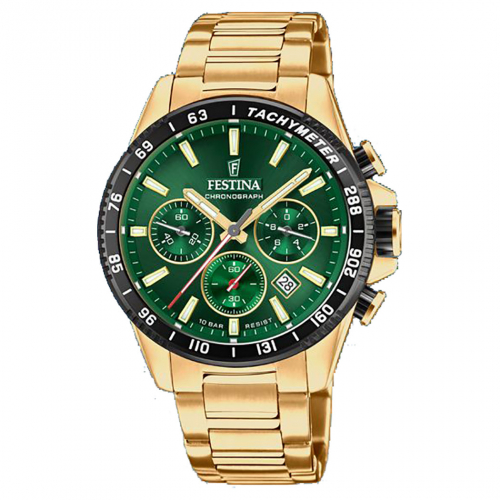 Festina Herren Armbanduhr F20634-4 Chrono Edelstahl 10 ATM Goldfarben, Zifferblatt Grün