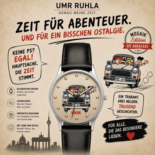 Preview: UMR Ruhla Armbanduhr Abrafaxe "Trabant" 53101 Ronda-Werk, Lederband, 35mm