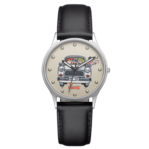 UMR Ruhla Armbanduhr Abrafaxe "Trabant" 53101 Ronda-Werk, Lederband, 35mm