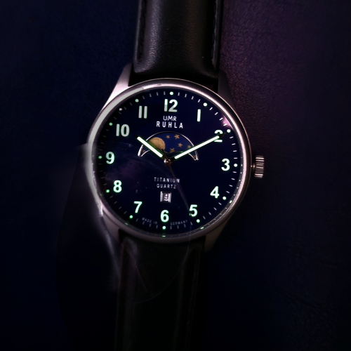 Preview: UMR Ruhla Mondphase Herren Armbanduhr Titan 20912 Datum Lederband