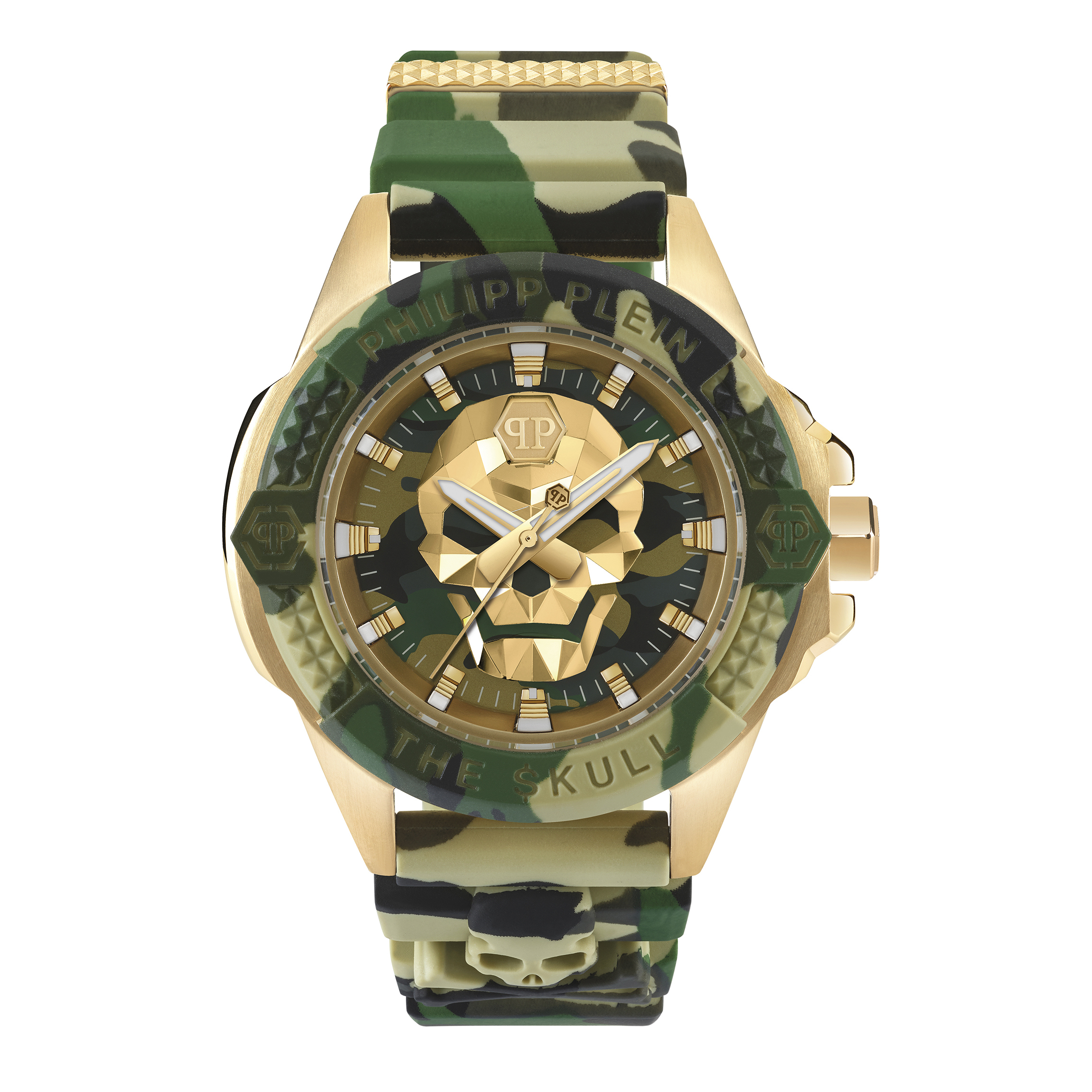 Philipp Plein Herren Armbanduhr PWAAA0921 The Skull Goldfaben Grün  