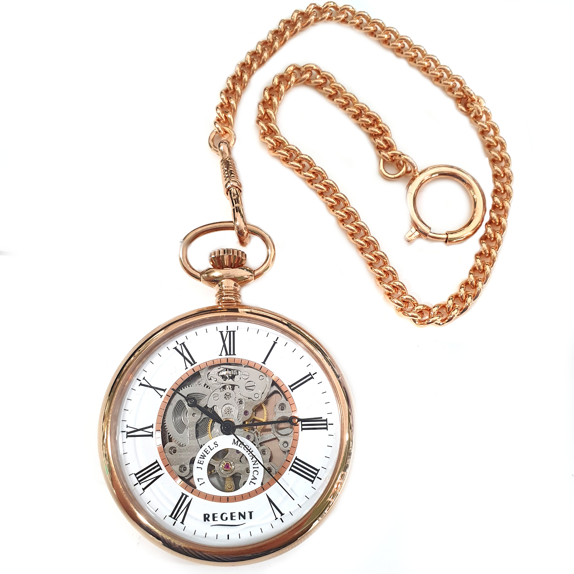 Regent 1041742 Taschenuhr Handaufzug skelettiert mit Kette Roségoldfarben