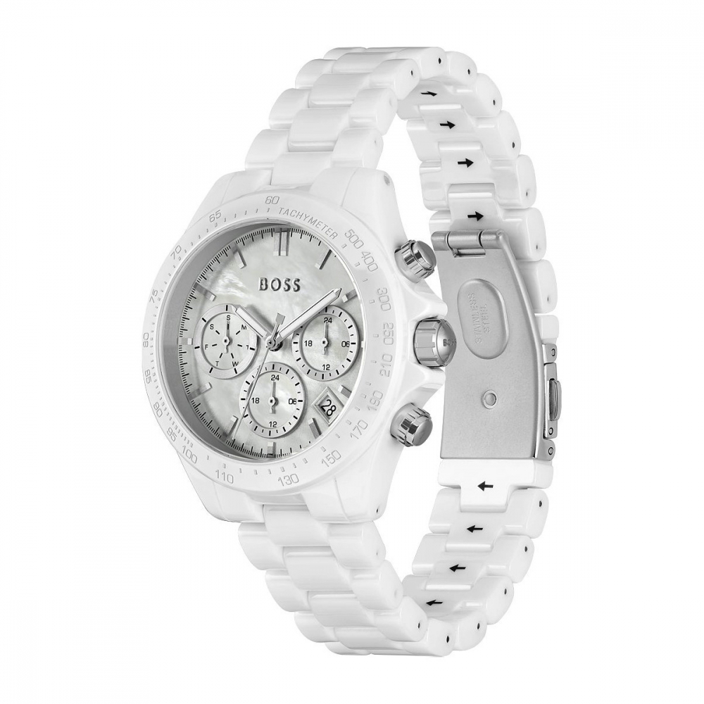 Boss Damen Armbanduhr 1502630 Multifunktion Perlmuttzifferblatt, Keramik weiß