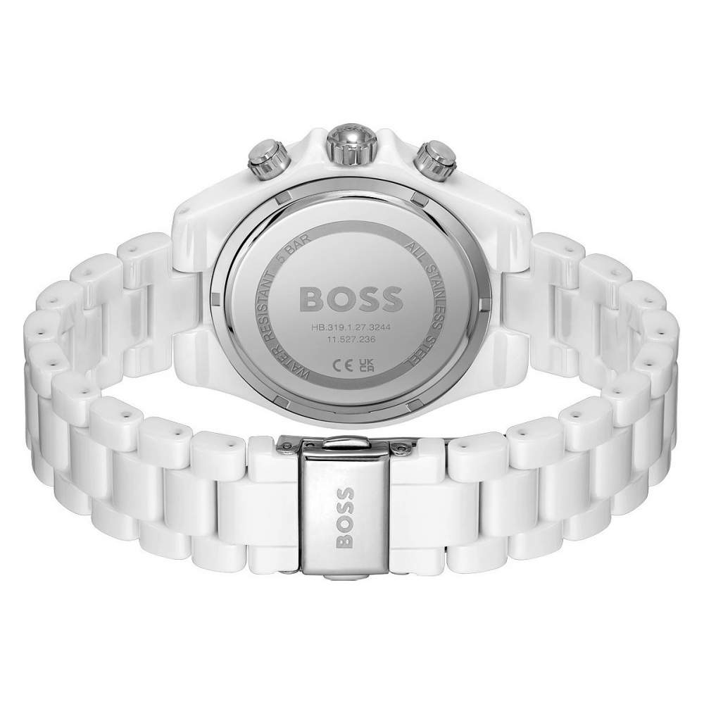 Boss Damen Armbanduhr 1502630 Multifunktion Perlmuttzifferblatt, Keramik weiß