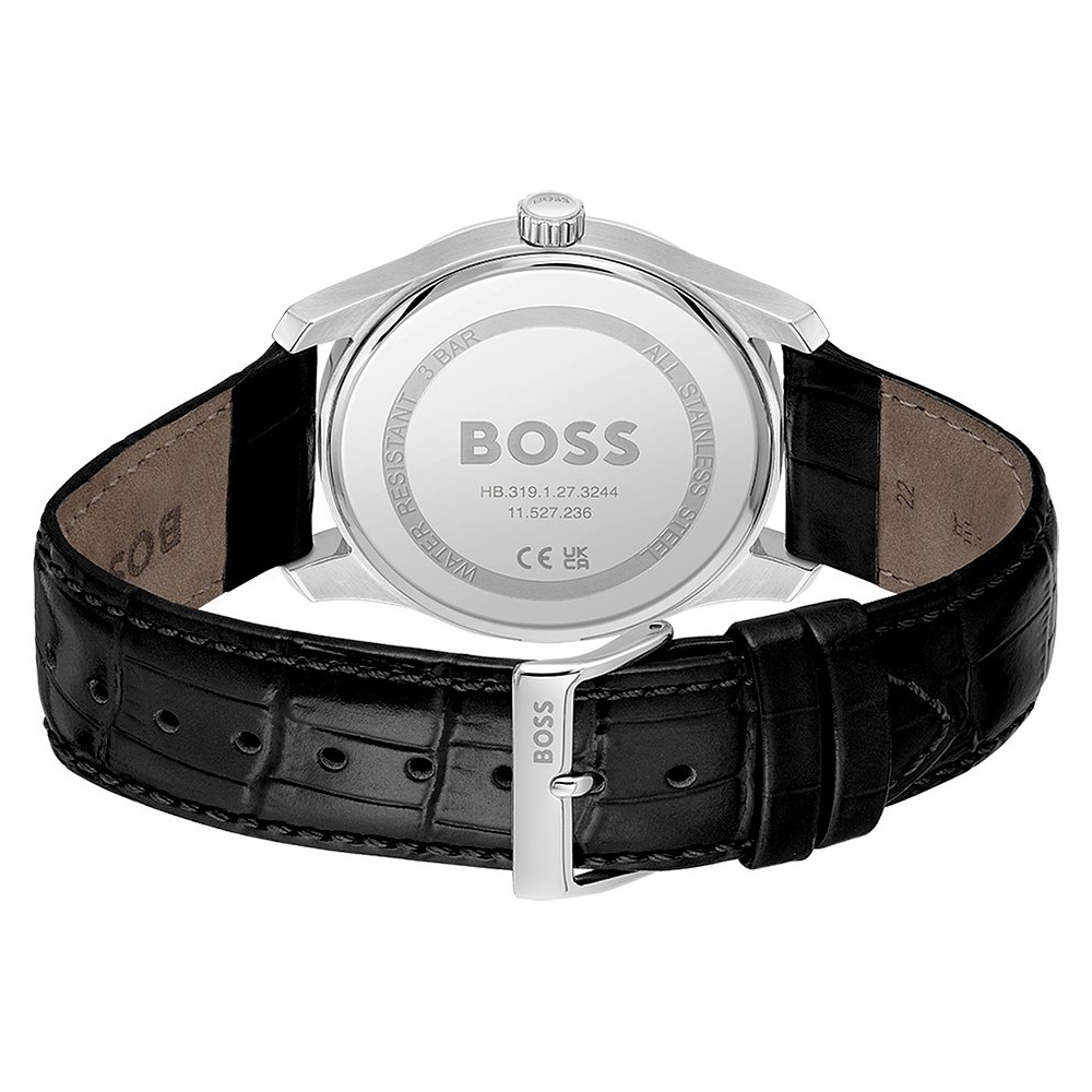Boss Herren Armbanduhr schwarz 1514122, Lederband, 41mm, römische Zahlen